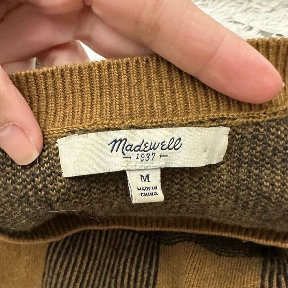 MADEWELL Merino Wool AlpacaBlend Sweater Inkcheck Plaid Golden Brown Cozy Medium - Picture 5 of 8